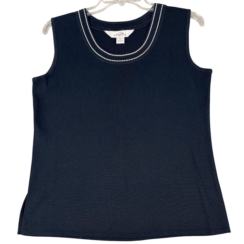 Ming Wang S Navy Black Knit Tank Top Scoop Neck Contrast Trim Shell Career Layer